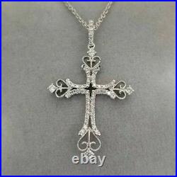 1.20Ct Antique Style Round Cut Diamond Cross Pendent In 14K White Gold Finish