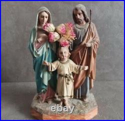 10 Antique Religious Sculpture HOLY FAMILY Statue w. Glass Eyes / Stucco