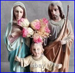 10 Antique Religious Sculpture HOLY FAMILY Statue w. Glass Eyes / Stucco