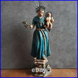12.6 Antique 18th Religious Sculpture WOOD CARVING SAN ANTONIO WITH CHILD JESUS