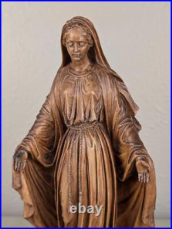 12 Antique Religious Solid Walnut Wood Signed Statue of Mother Virgin Mary