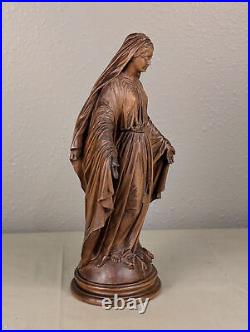 12 Antique Religious Solid Walnut Wood Signed Statue of Mother Virgin Mary