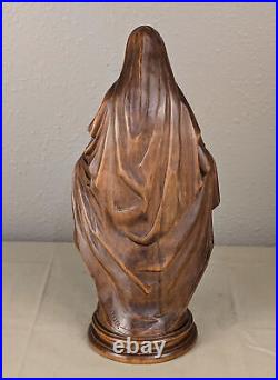 12 Antique Religious Solid Walnut Wood Signed Statue of Mother Virgin Mary