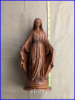 12 Antique Religious Solid Walnut Wood Signed Statue of Mother Virgin Mary