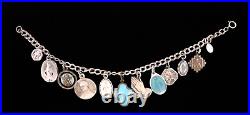 (12) Antique/Vtg Religious Enamel/Medals/Charms 925 Sterling 7.5 Bracelet #214