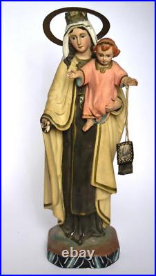 14 Antique Religious Sculpture VIRGIN OF THE CARMEN Scapular Statue with Jesus