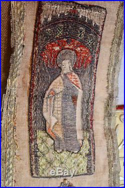 16th Century Religious Embroidered Orphrey Panel Metallic Silk Needlework Saint