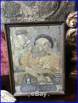 17th Century English Embroidered Panel Religious Mathew and Angel Metalllic Silk