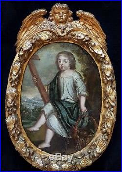 17th century Italian Christ Child Cross Cherub Portrait Old Antique Oil Painting