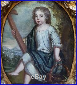 17th century Italian Christ Child Cross Cherub Portrait Old Antique Oil Painting