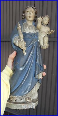 17thc Antique Wood carved polychrome Madonna Child sculpture statue religious