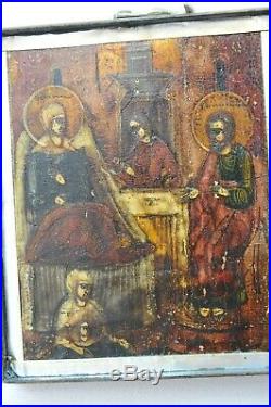 1800y. RUSSIAN IMPERIAL ORTHODOX RELIGIOUS ICON BRASS TRIPTYCH EGG TEMPURA PAINT