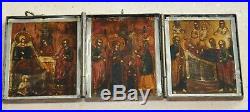 1800y. RUSSIAN IMPERIAL ORTHODOX RELIGIOUS ICON BRASS TRIPTYCH EGG TEMPURA PAINT