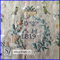 1819 DW German spot sampler silk thread religious motifs borders alphabets
