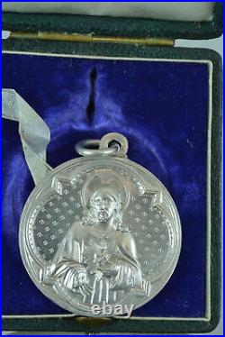 1863 Rare French antique Religious Medal Pendant Jesus IHS signed Penin & case