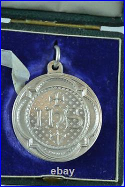 1863 Rare French antique Religious Medal Pendant Jesus IHS signed Penin & case