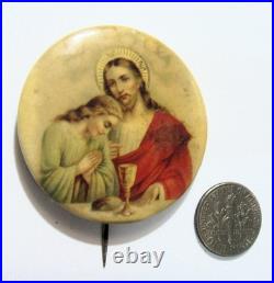 1890s antique 44 mm catholic Holy communion Jesus pinback button 54399
