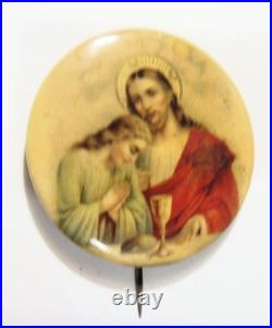 1890s antique 44 mm catholic Holy communion Jesus pinback button 54399