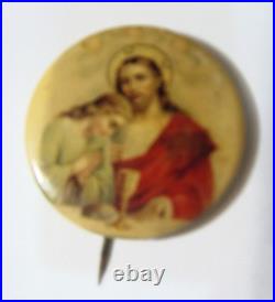 1890s antique 44 mm catholic Holy communion Jesus pinback button 54399