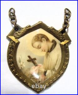 1890s antique catholic Saint Gerard gold tone metal large shield icon 54366