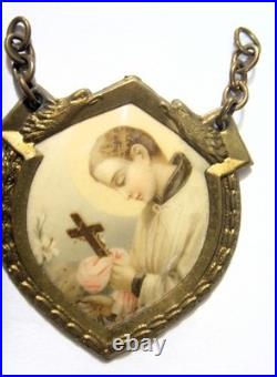 1890s antique catholic Saint Gerard gold tone metal large shield icon 54366