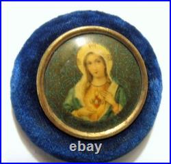 1890s antique catholic Saint Mary Immaculate Heart blue velvet icon 54369