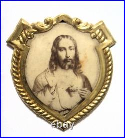1890s antique catholic gold tone metal Jesus large shield pocket icon 54386