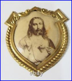 1890s antique catholic gold tone metal Jesus large shield pocket icon 54386