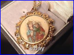 18K GOLD Religious Necklace HAND PAINTED MARY & BABY JESUS PENDANT vtg ANTIQUE