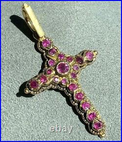 18K Yellow Gold Ruby Cross Pendant Antique Style Closed-Back Setting Chased