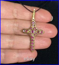 18K Yellow Gold Ruby Cross Pendant Antique Style Closed-Back Setting Chased