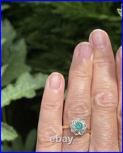 18ct Gold Emerald And Old Diamond Multiple Stone Ring Size N 4g Vintage Antique