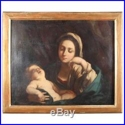 18th Century Antique Oil on Canvas Portrait Painting of the Madonna & Child
