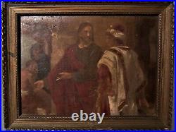 18th c Antique Old Master Religious Miniature Oil Painting with Christ 6x4 3/4
