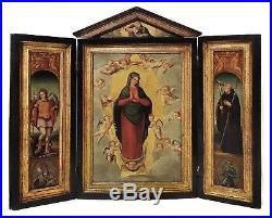 18th century Triptych Christ, Madonna, St Michael, St Francis Antique Painting