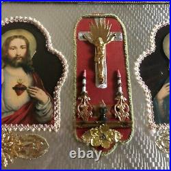 1920s Jesus Mary Convex Bubble Glass Metal Framed Religious Icon Vintage Antique