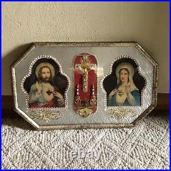 1920s Jesus Mary Convex Bubble Glass Metal Framed Religious Icon Vintage Antique