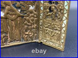 19C. Antique Religious Orthodox Christian Triptych Icon 3 Panels Enamelled Brass