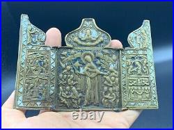 19C. Antique Religious Orthodox Christian Triptych Icon 3 Panels Enamelled Brass