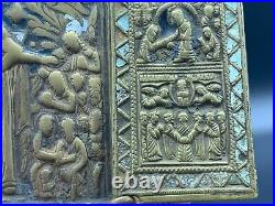 19C. Antique Religious Orthodox Christian Triptych Icon 3 Panels Enamelled Brass