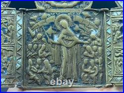 19C. Antique Religious Orthodox Christian Triptych Icon 3 Panels Enamelled Brass