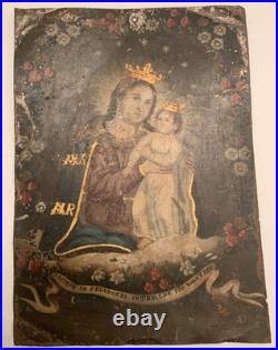 19th C. Antique Colonial Oil Painting Virgin Mary Refugio Christ Retablo Mexican