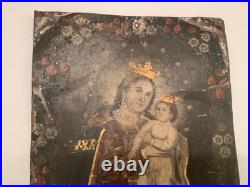 19th C. Antique Colonial Oil Painting Virgin Mary Refugio Christ Retablo Mexican