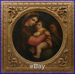 19th C Antique Oil On Canvas, After Raphael Madonna Della Sedia, In Ornate Frame