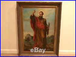 19th Century Portrait Saint Catholic Religious Christian Antique Oil Painting F