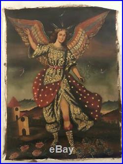19th Century Spanish American Angel Gabriel Oil Painting Cusco Antique Icon