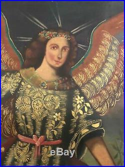 19th Century Spanish American Angel Gabriel Oil Painting Cusco Antique Icon