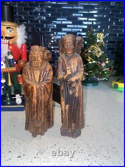 2 Antique 19th Century Religious Carved Wood Statue Figurine