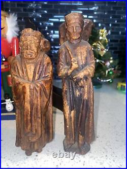 2 Antique 19th Century Religious Carved Wood Statue Figurine