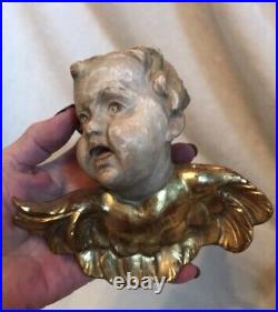 2 Antique early 1800 Religious Handcarved Wood Statues ANGEL CHERUB Gold Gilding